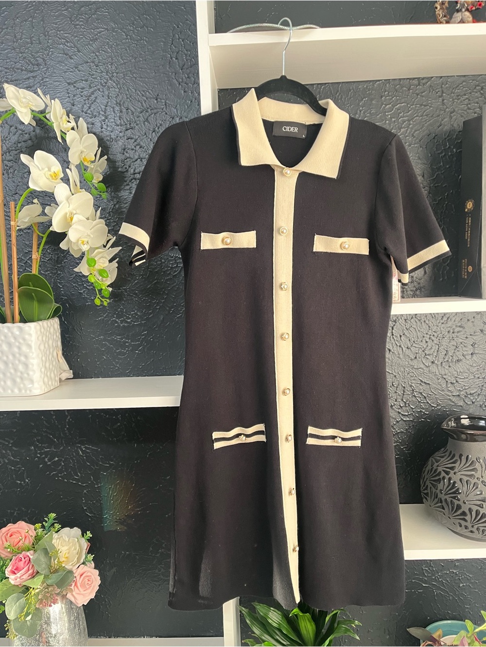 Cider Black and Cream Knit Polo Mini Dress